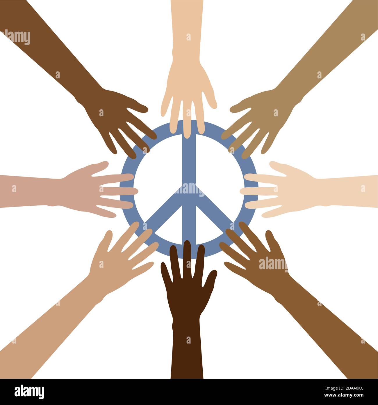 Gruppe von menschlichen Händen mit verschiedenen Hautfarben bauen ein Kreis um Friedenssymbol Vektorgrafik EPS10 Stock Vektor