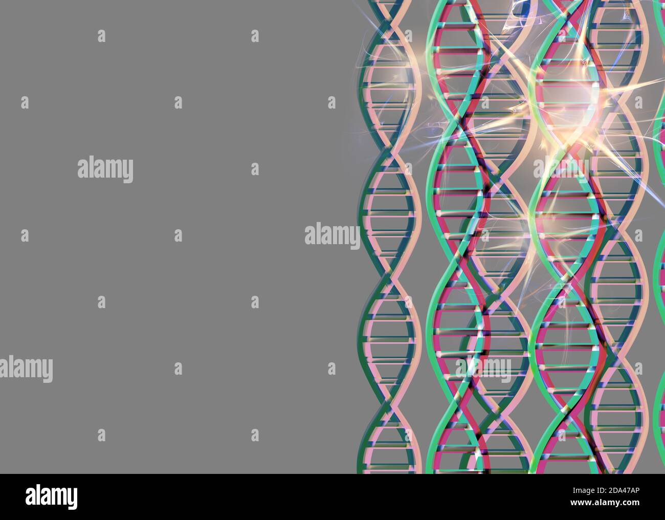 DNA-Moleküle Struktur auf grauem Hintergrund mit Kopierraum. Science and Technology Konzept, wissenschaftlicher Hintergrund, 3d Render Stockfoto