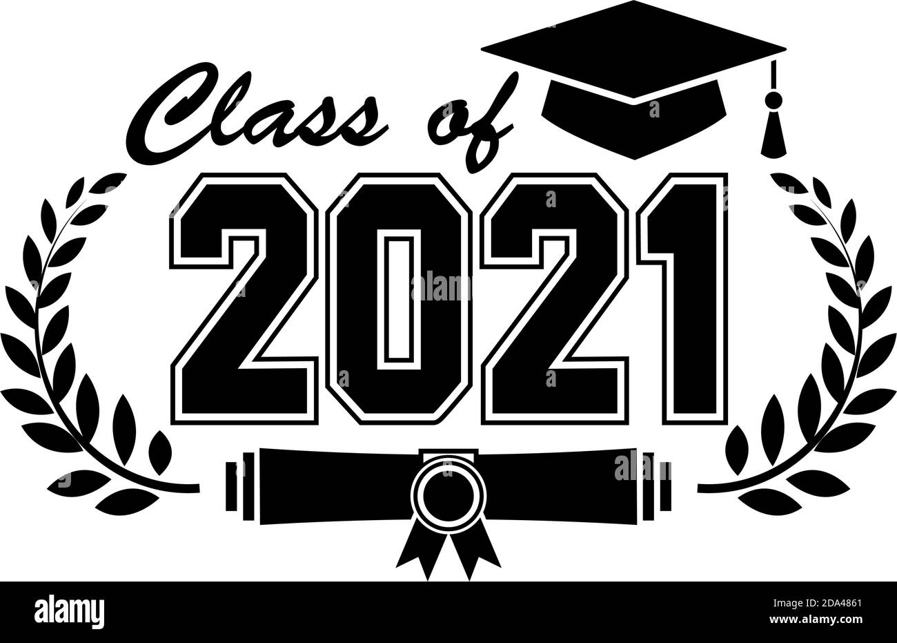 Lettering Klasse von 2021 für Grußansage, Einladungskarte. Text für Abschlussdesign, Gratulation Veranstaltung, T-Shirt, Party, High School oder College Gradua Stock Vektor