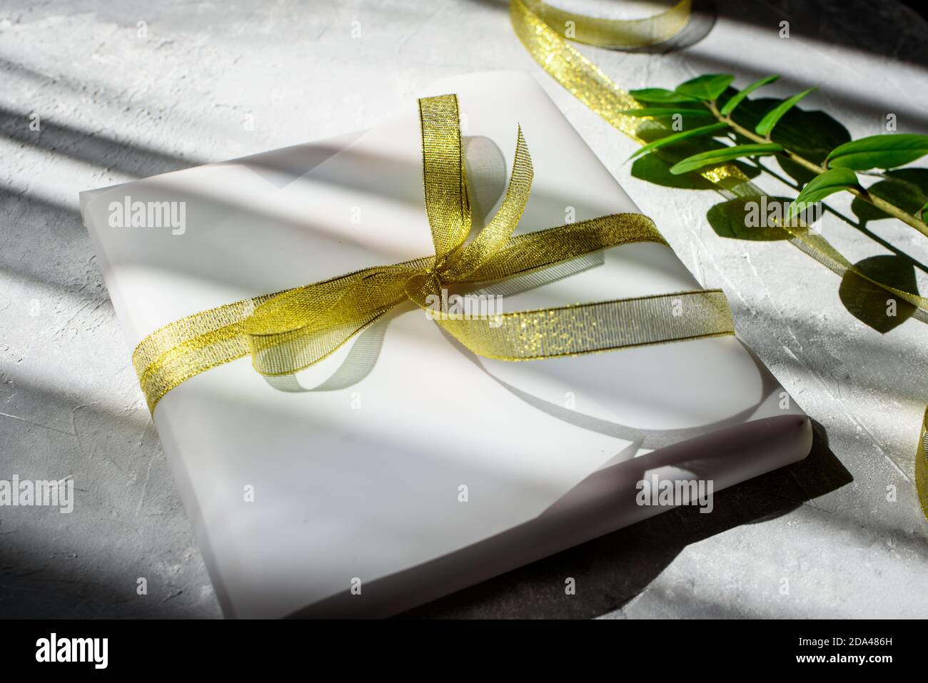 Verpackung ein Geschenk, in schönen weißen Papier, ein goldenes Band. Zweige von grünen Pflanzen, Schere. Handgefertigte Verpackung. Keine Verschwendung Stockfoto