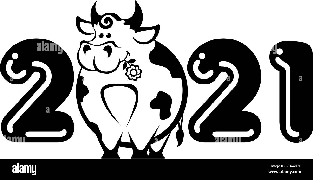 2021 Jahre Logo-Design. Chinesisches neues Jahr des Ochsen. Metall Ochse Horoskop Zeichen. Neues Jahr lustige Symbol. Flacher Vektor Ox-Zeichen isoliert auf transparentem Hintergrund Stock Vektor