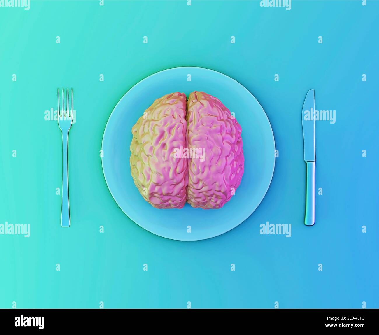 Das menschliche Gehirn als Nahrung, Missbrauch, Liebesbeziehung oder Brainstorming Konzept. Menschliches Gehirn auf einem Teller mit Gabel und Messer, 3d-Illustration Stockfoto