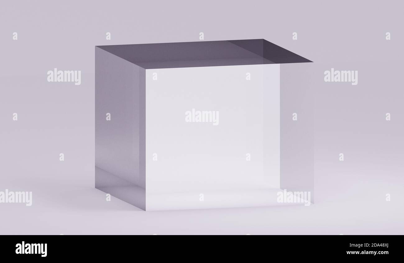 Transparenter Glaswürfel auf grauem Hintergrund, 3d-Rendering Stockfoto