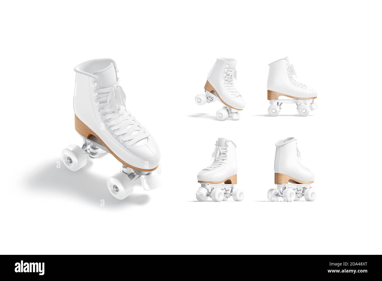 Blank weiße Rollschuhe mit Rädern Mockup, verschiedene Ansichten Stockfoto