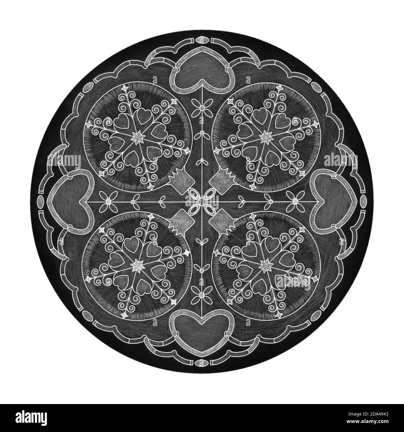 Buntstifteffekte. Weihnachtsthema. Mandala Illustration schwarz, weiß und grau. Weihnachtskugel und Herz. Stockfoto