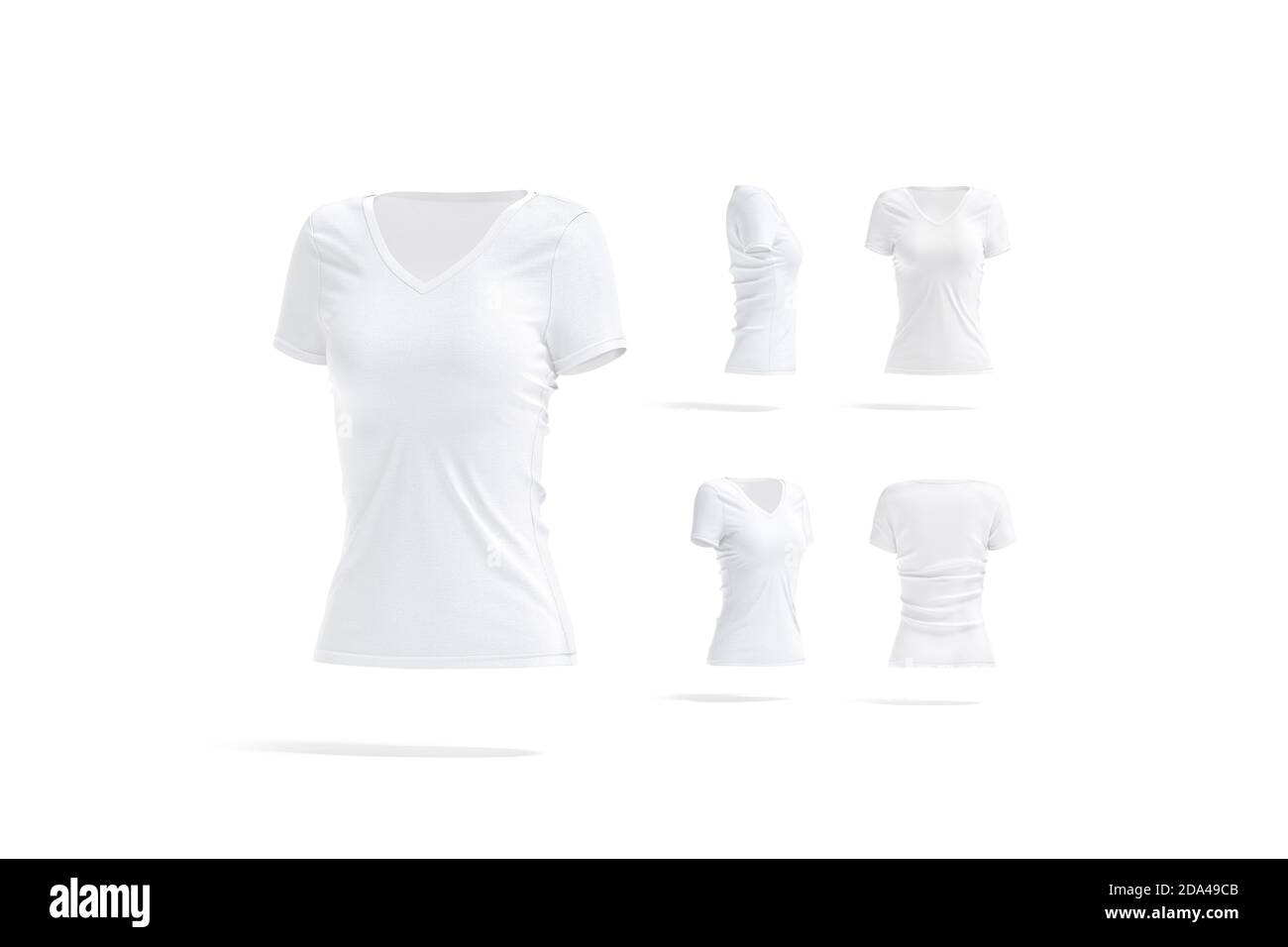 Blank weiß Frauen Slimfit T-Shirt Modell, verschiedene Ansichten Stockfoto