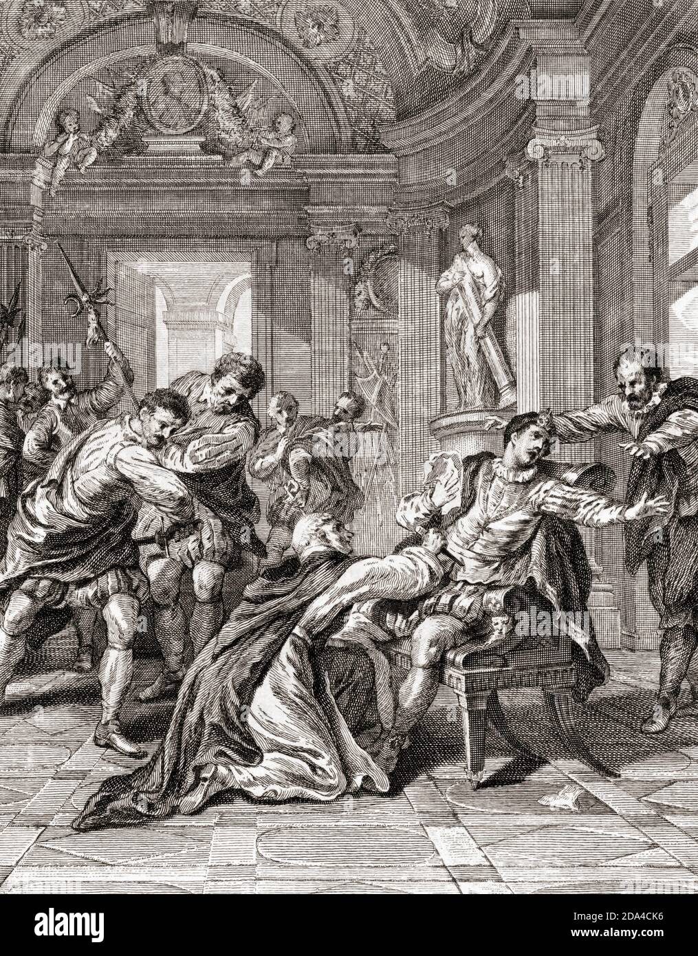 Ermordung von König Heinrich III. Von Frankreich im August 1589 durch Jacques Clement. Henri III., König von Frankreich, 1551 - 1589. Nach einer Illustration aus dem 18. Jahrhundert von Jean-Francois de Troy. Stockfoto