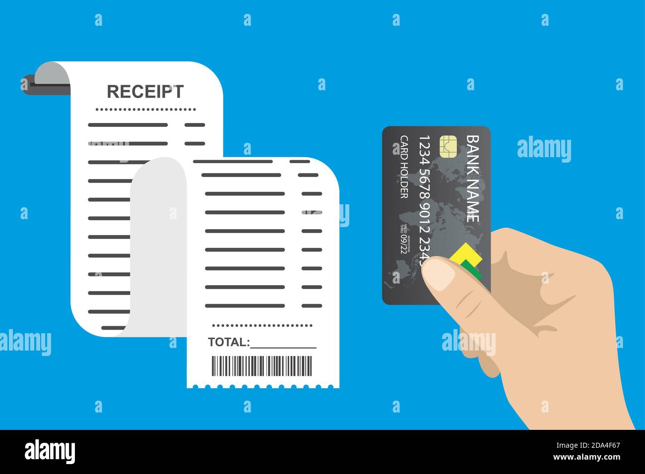 Quittung Rechnung Papier Rechnung und Hand mit Kreditkarte, Stock Vektor