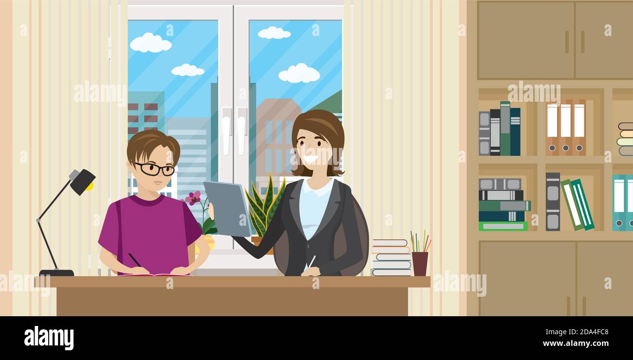 Mutter hilft Sohn mit Hausaufgaben, Zimmer innen auf Hintergrund Stock Vektor