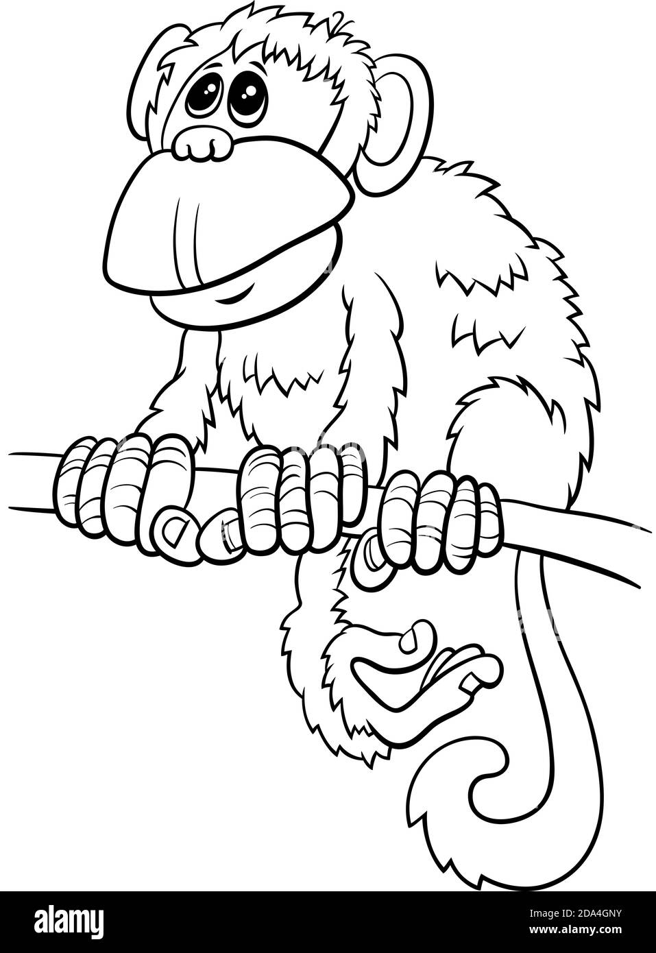Schwarz-Weiß-Cartoon-Illustration von Comic-Affen Primaten Tier Charakter auf Zweig Malbuch Seite Stock Vektor