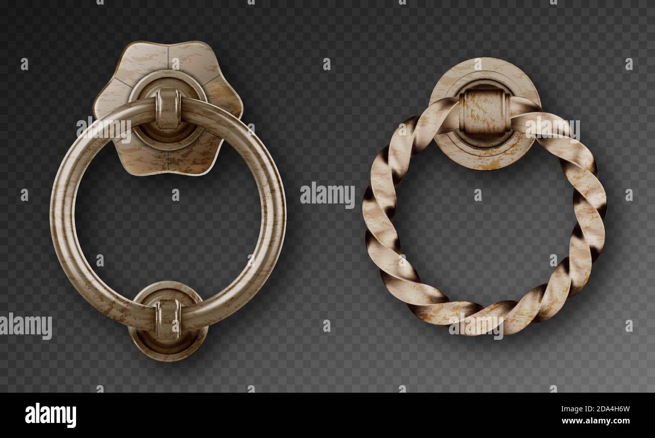 Alter Türklopfer, alter Metallringgriff. Vektor realistische Satz von rostigen Stahl runden Türknöpfe, dekorative Kreis Knöpfe im viktorianischen Stil isoliert auf transparentem Hintergrund Stock Vektor