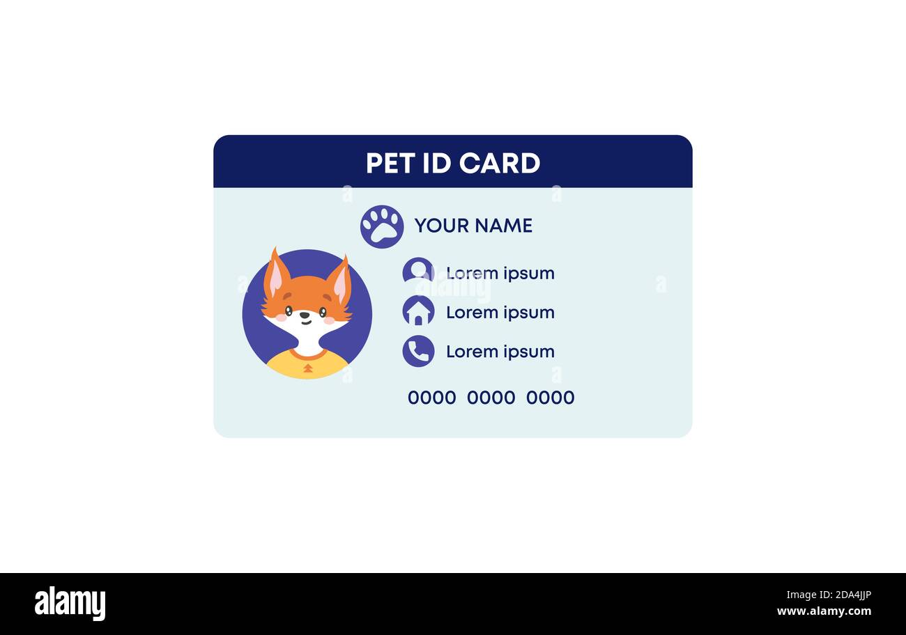 PET-ID-Karte Vorlage. Ausweis Tier mit Foto-Eigenschaften und Impfungen sicheren Pass mit persönlichen Besitzern Telefon. Stock Vektor