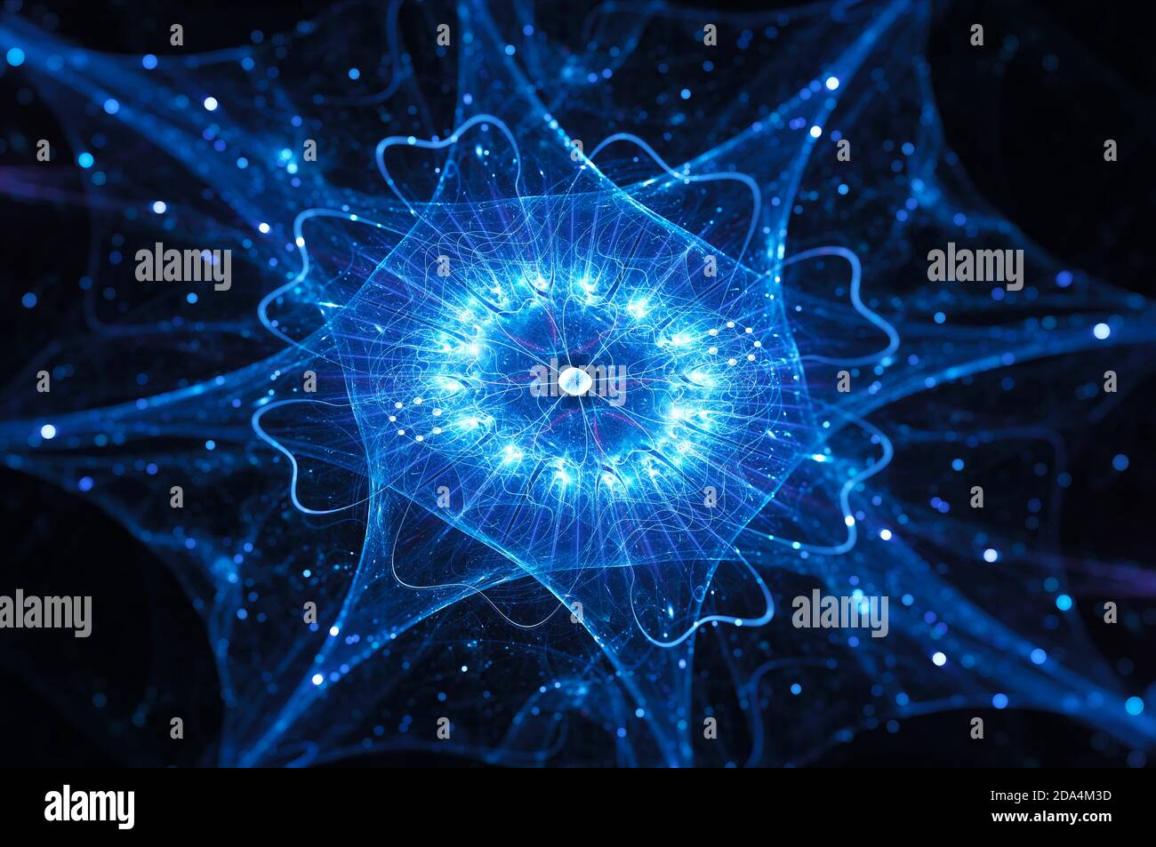 Blau glühende futuristische Quantencomputer-Prozessor-Einheit, Computer generiert abstrakten Hintergrund, 3D-Rendering Stockfoto