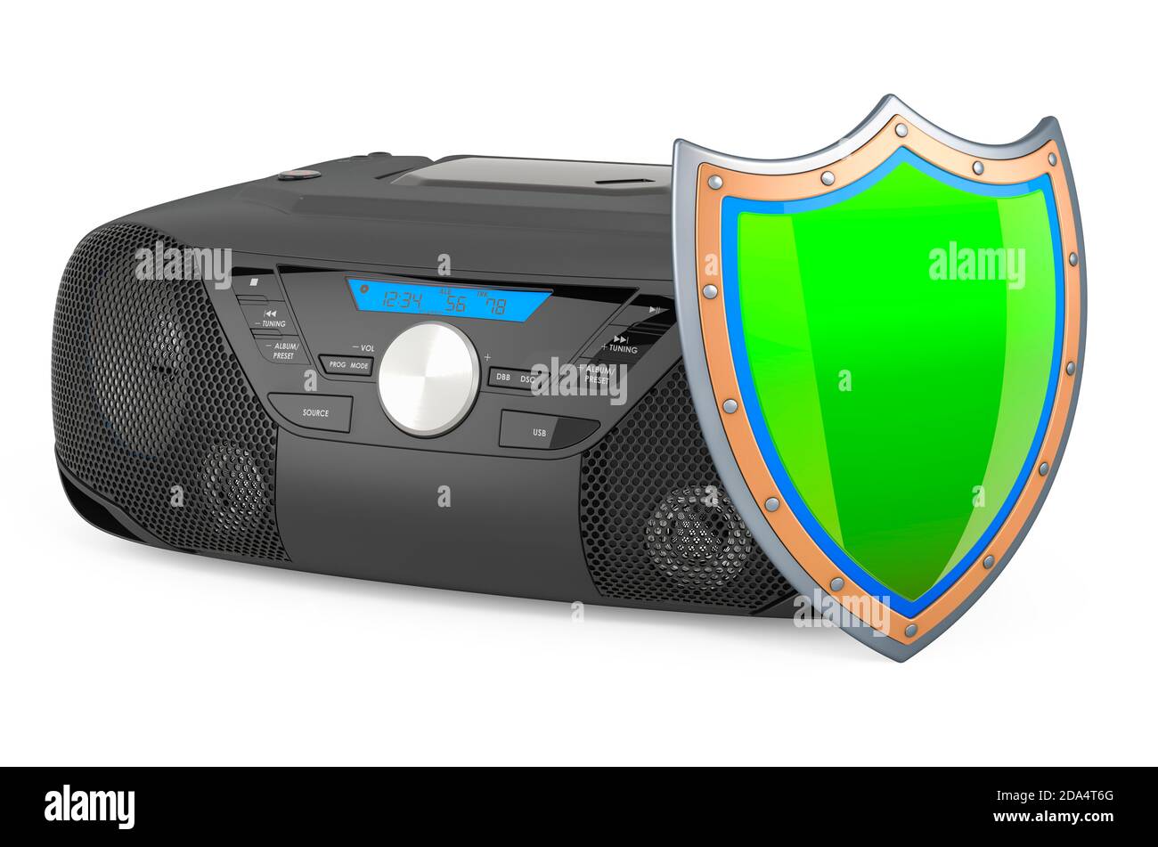 CD Boombox mit AM/FM Stereo Radio mit Schirm, 3D Rendering isoliert auf weißem Hintergrund Stockfoto