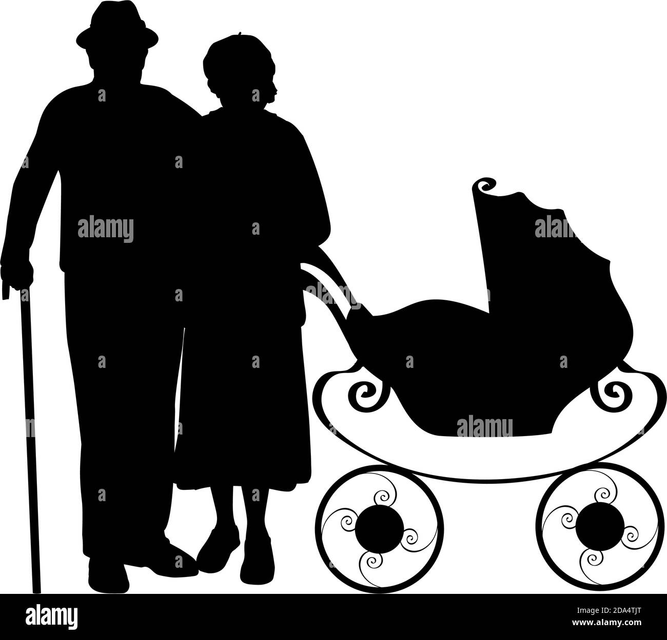 Silhouette der Großeltern mit Kinderwagen Stock Vektor