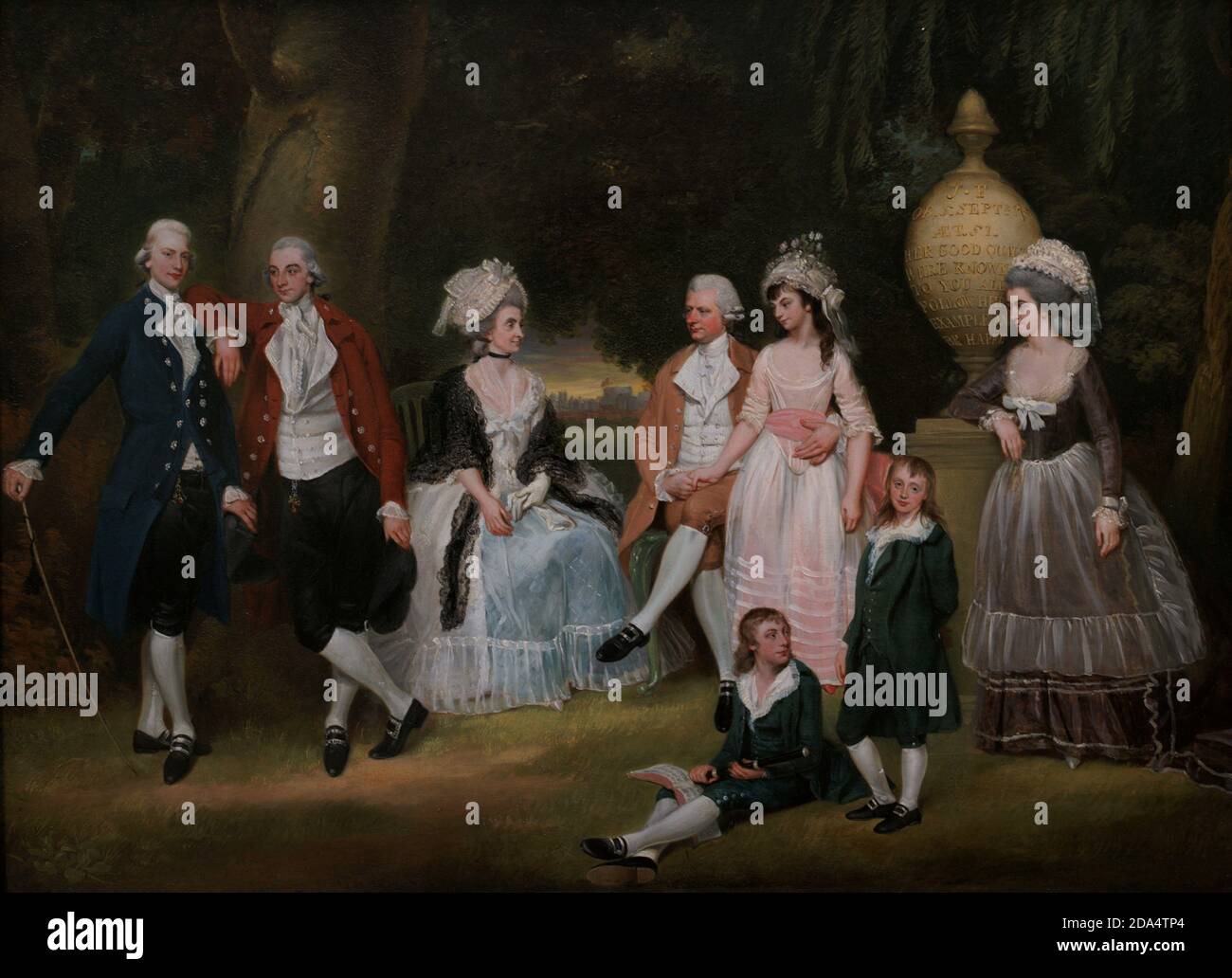 Die Familie Fourdrinier. Henry Fourdrinier Senior (1730-1799), ein Unternehmer aus Hugenotten, war ein wohlhabender Papiermacher und Großhandelsstationierer. Er wird in der Mitte seiner Familie sitzend gezeigt. Porträt von John Downman (1750-1824). Öl auf Kupfer (46 x 61,5 cm), c. 1786. National Portrait Gallery. London, England, Vereinigtes Königreich. Stockfoto