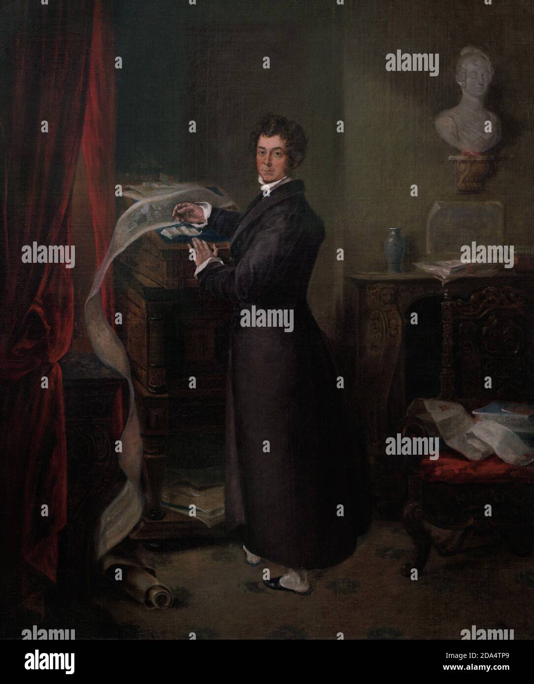 Sir Frederick William Trench (1775-1859). Britischer Militäroffizier und Tory-Politiker. Er war Oberst in der britischen Armee. Amateurkünstler und Architekt, der mehrere Verbesserungsmaßnahmen für London vorgeschlagen hat. Anonymes Porträt, das Graben bei der Arbeit an einer langen Panoramazeichnung dieses Damms zeigt. Öl auf Leinwand (75,9 x 63,8 cm), c. 1827. National Portrait Gallery. London, England, Vereinigtes Königreich. Stockfoto