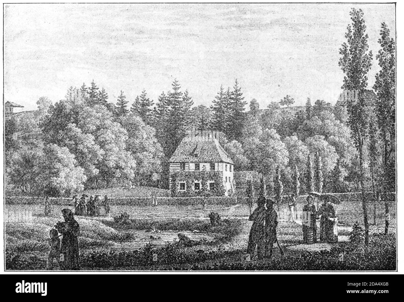 Goethes Gartenhaus in Weimar, Deutschland, 1828. Illustration des 19. Jahrhunderts. Weißer Hintergrund. Stockfoto