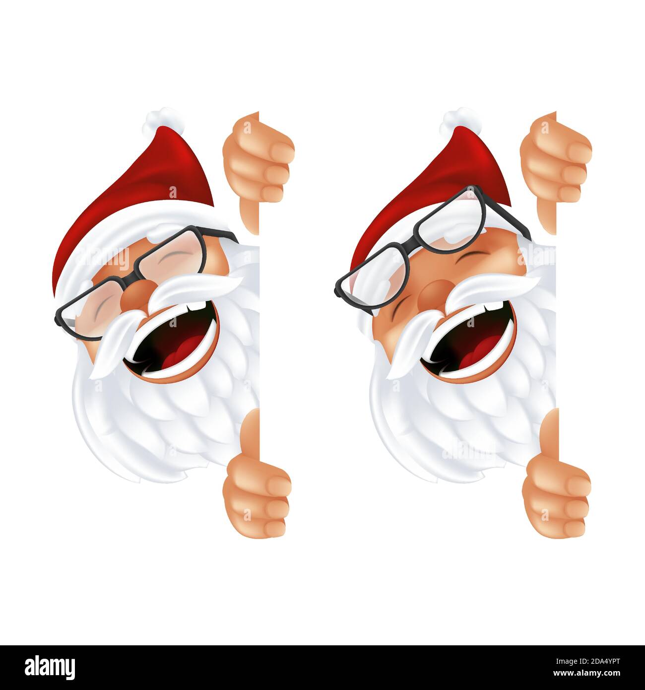 Lustige Cartoon Weihnachtsmann in einem roten Hut und Brille. Lachend und lächelnd Weihnachtsfigur in Tracht spähend von hinten die vertikale c Stock Vektor