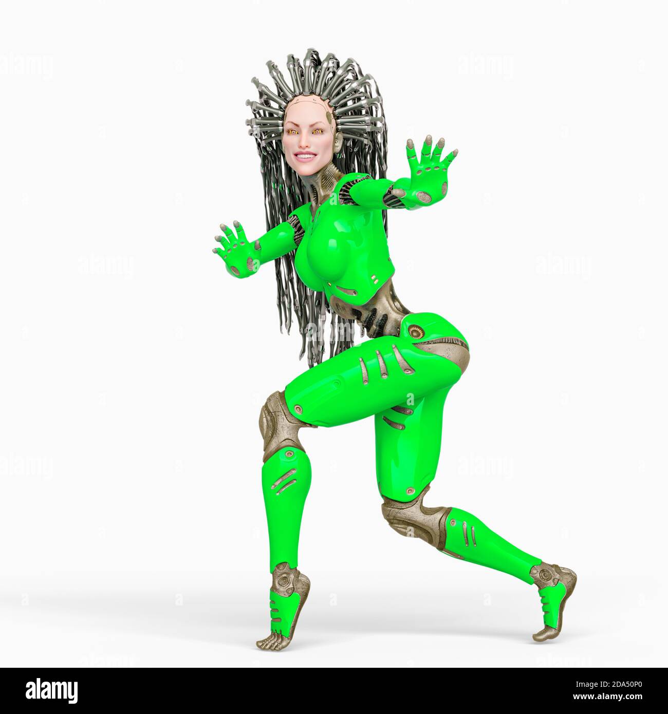 Super Cyborg lächelt und geht auf Zehenspitzen, 3d-Illustration Stockfoto