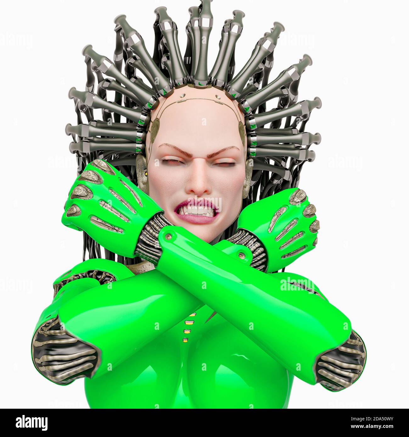 Super Cyborg ist wütend und das Gefühl bereit für Krieg Nahaufnahme, 3d-Illustration Stockfoto