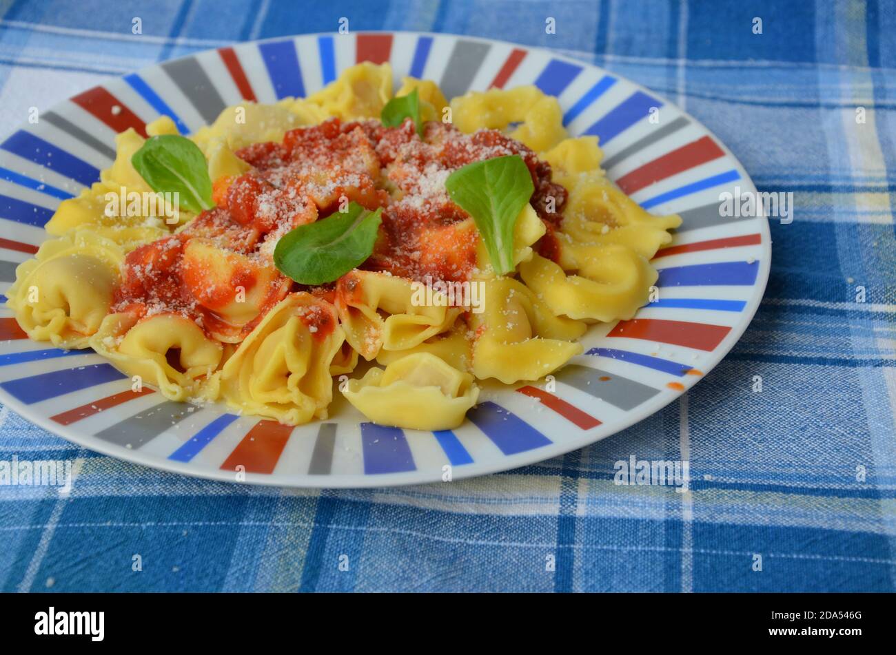 Hausgemachte Tortellini Pasta mit Tomatensauce, Kräutern und Knoblauch, Basilikum in, mit Parmesan-Käse gekrönt Stockfoto