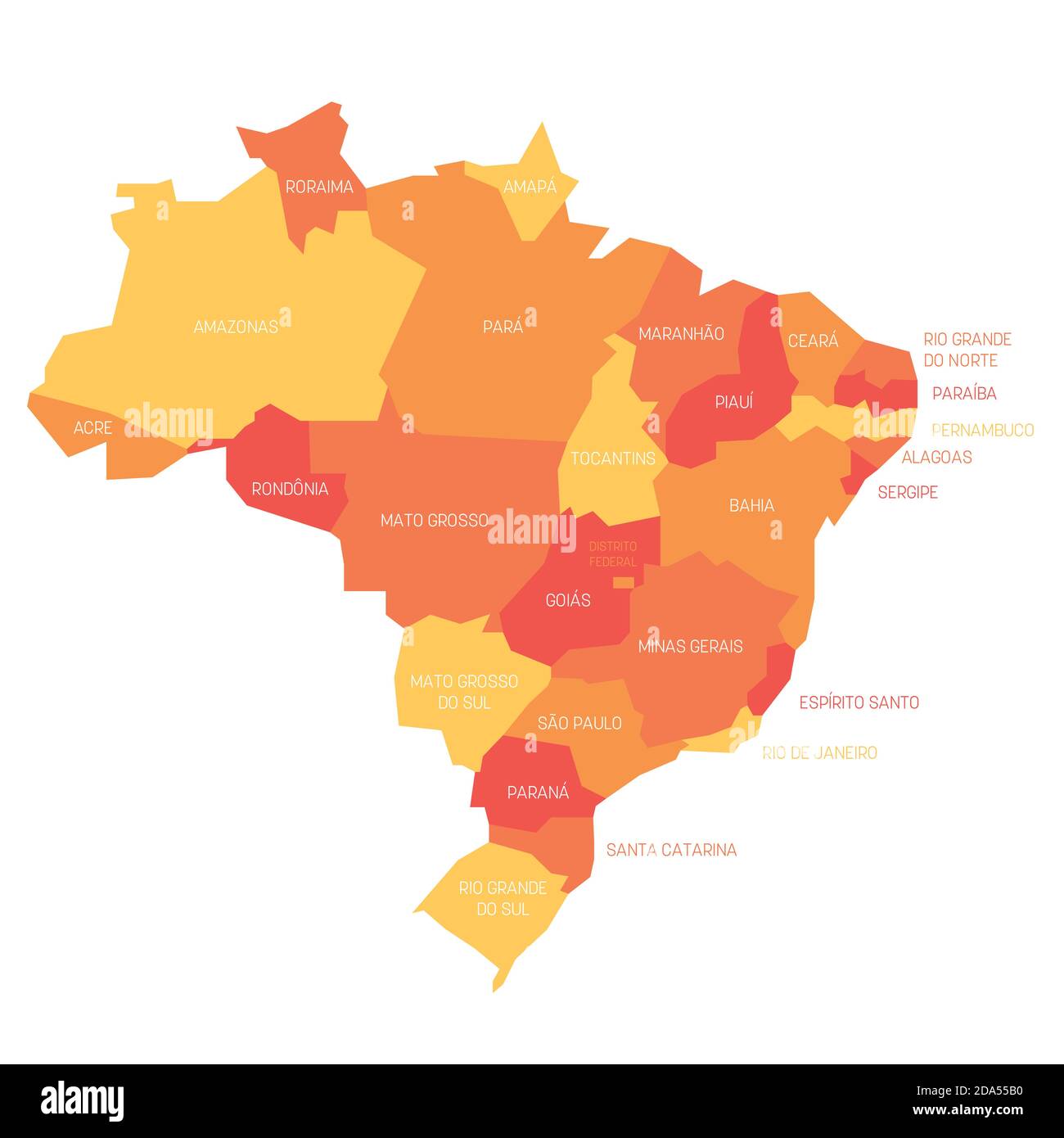 Orangefarbene politische Landkarte von Brasilien. Verwaltungsabteilungen - Staaten. Einfache flache Vektorkarte mit Beschriftungen. Stock Vektor