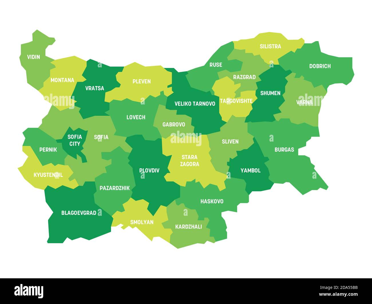 Grüne politische Landkarte von Bulgarien. Verwaltungsabteilungen - Staaten. Einfache flache Vektorkarte mit Beschriftungen. Stock Vektor