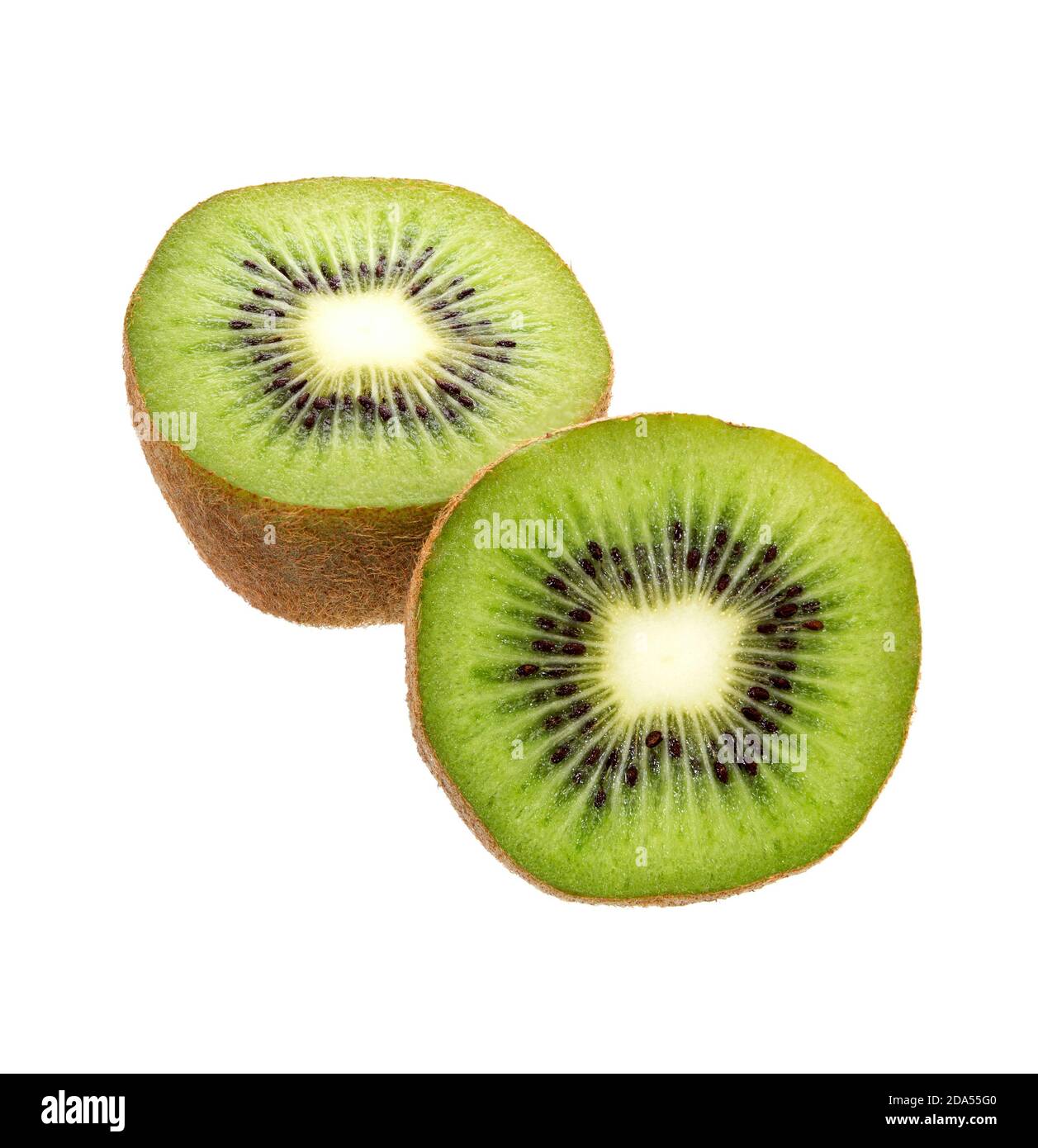 Kiwi Frucht isoliert auf weißem Hintergrund. Ganze Kiwi-Früchte und geschnittene Segmente ausschneiden. Stockfoto