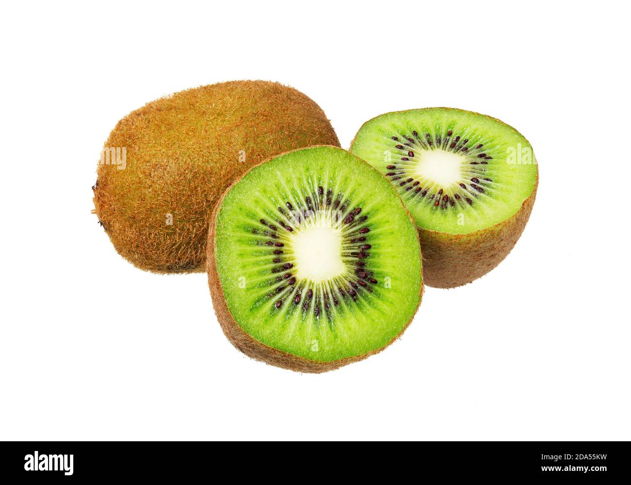 Kiwi Frucht isoliert auf weißem Hintergrund. Ganze Kiwi-Früchte und geschnittene Segmente ausschneiden. Stockfoto