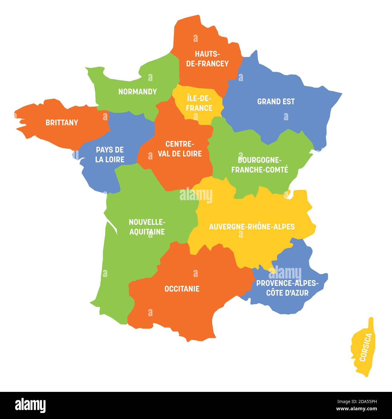 Frankreich politische Karte von Frankreich. Administrative Divisionen - Metropolregionen. Einfache flache Vektorkarte mit Beschriftungen. Stock Vektor