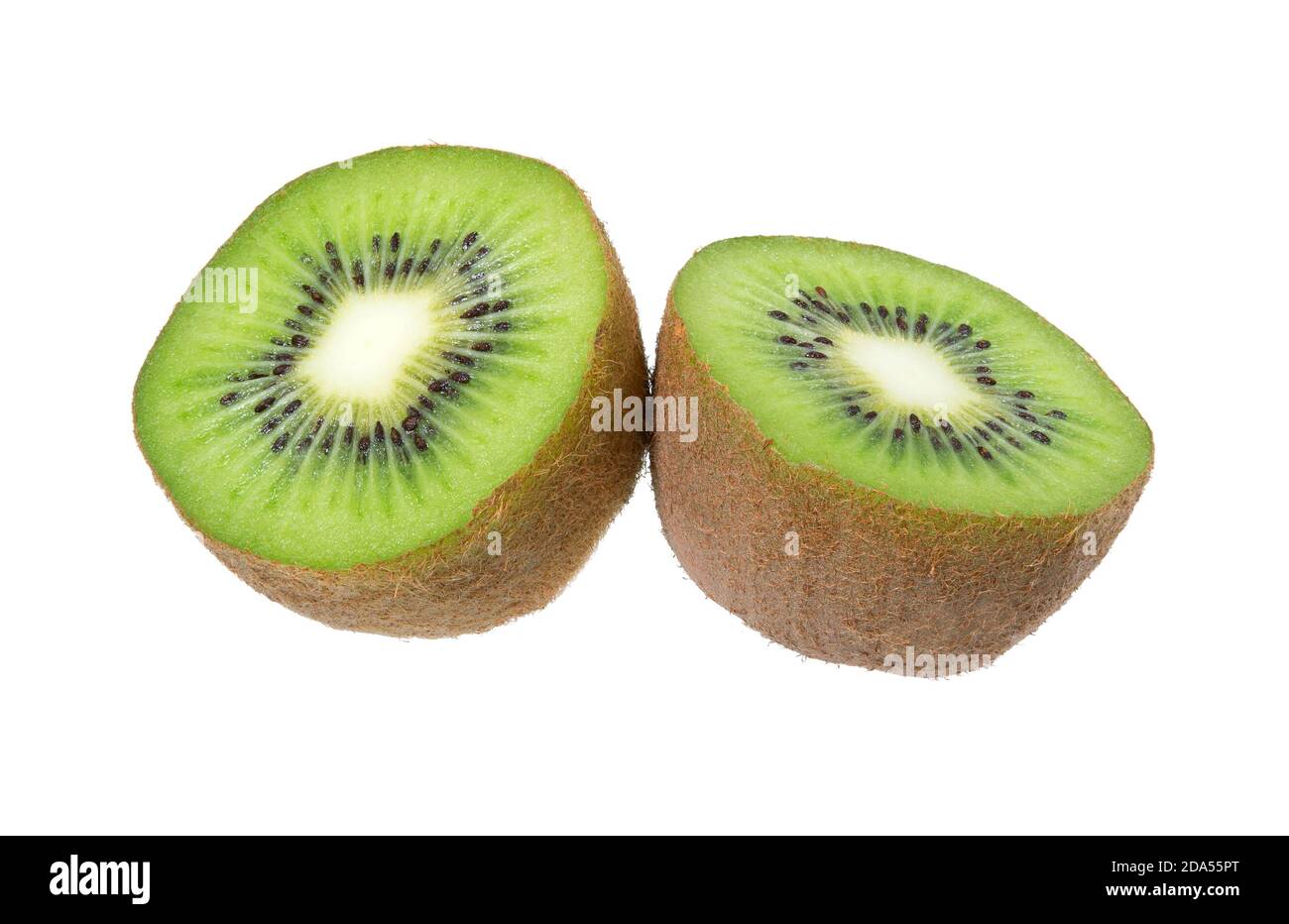 Kiwi Frucht isoliert auf weißem Hintergrund. Ganze Kiwi-Früchte und geschnittene Segmente ausschneiden. Stockfoto