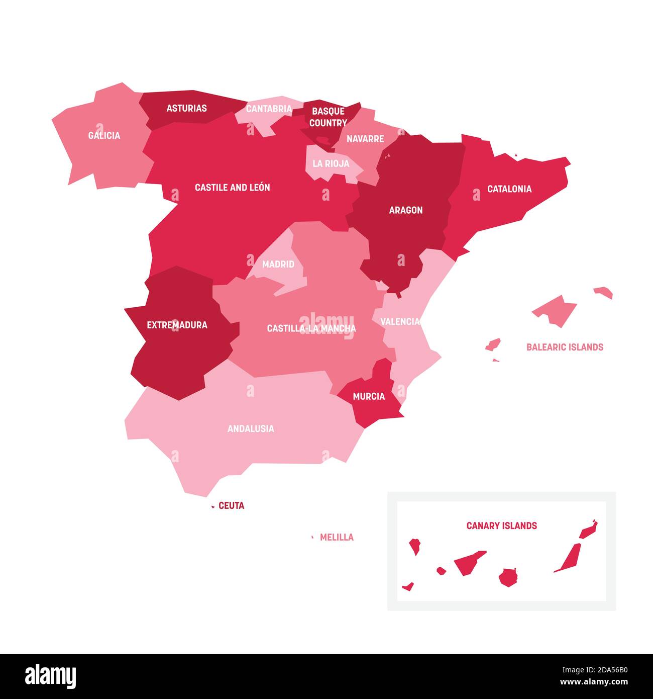 Rosa politische Landkarte von Spanien. Administrative Abteilungen - autonome Gemeinschaften. Einfache flache Vektorkarte mit Beschriftungen. Stock Vektor