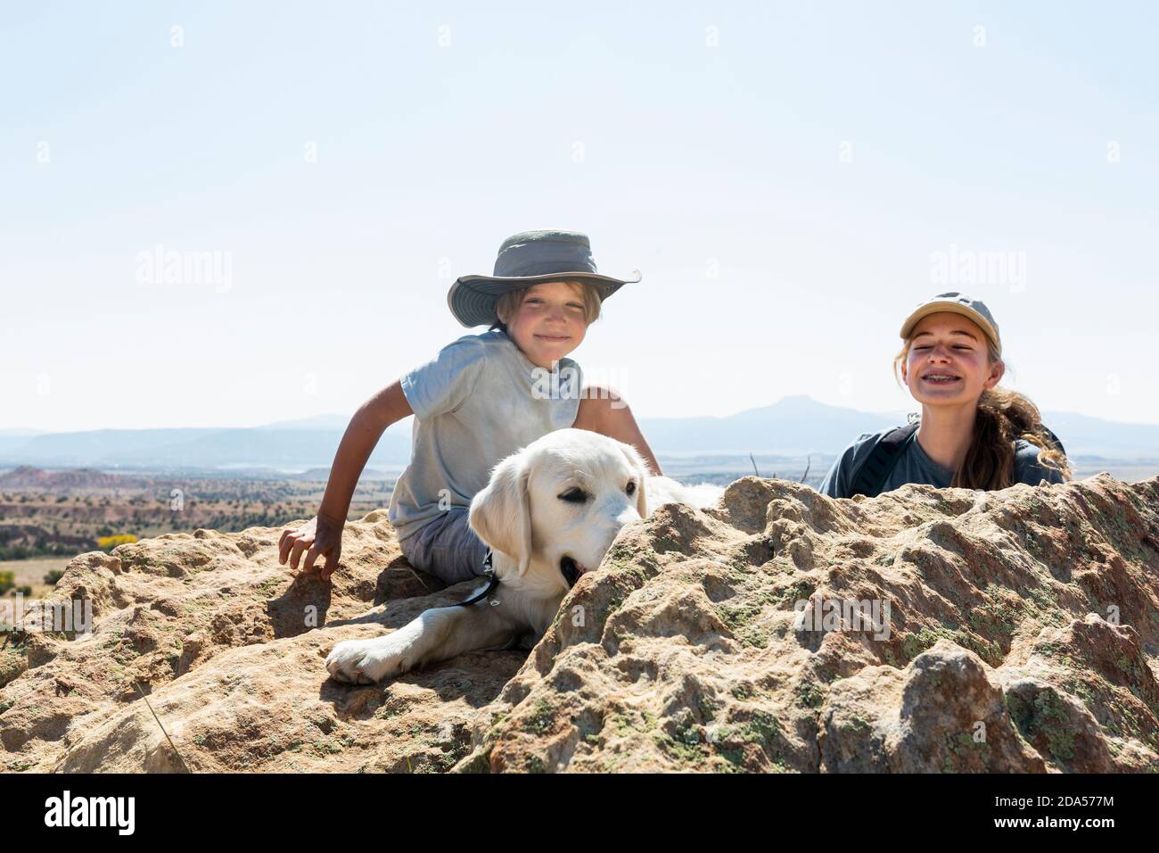 Kleiner Junge und seine Teenager-Schwester mit ihrem Hund Stockfoto