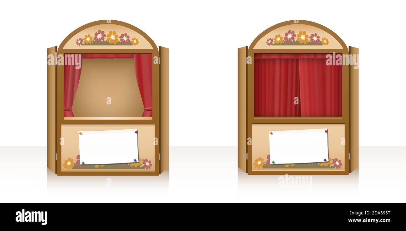 Puppentheater mit offenem und geschlossenem Vorhang und einem leeren Plakat zur Ansage der Inszenierung. Punch und judy Stand, Bühnenspiel für Kinder. Stockfoto