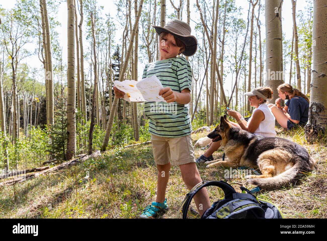 7 Jahre alter Junge hält Schatzkarte im Wald von Aspen Bäume Stockfoto