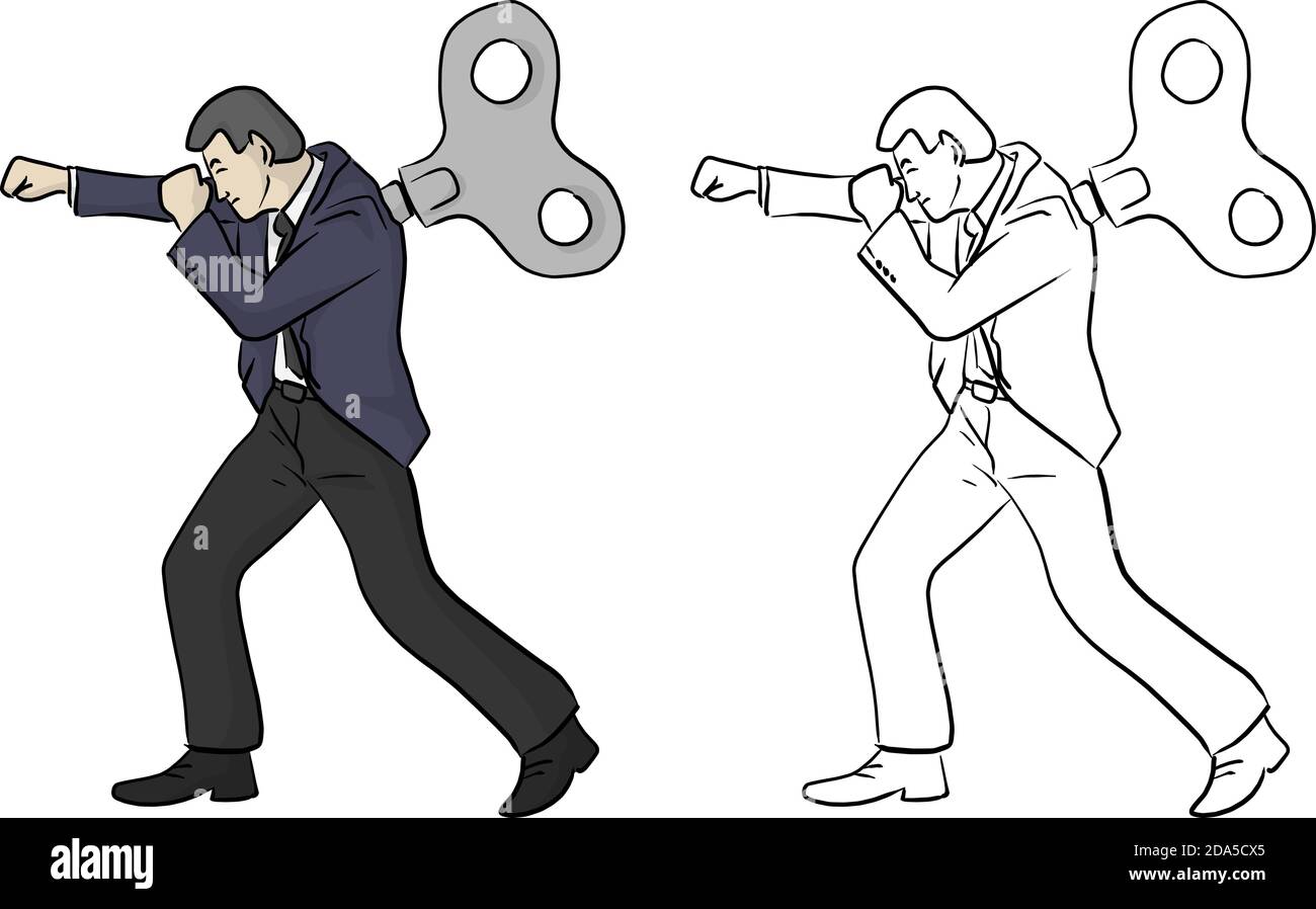 Geschäftsmann kämpfen mit Windup auf seinem Rücken Vektor Illustration Skizze doodle handgezeichnet mit schwarzen Linien isoliert auf weißem Hintergrund Stock Vektor