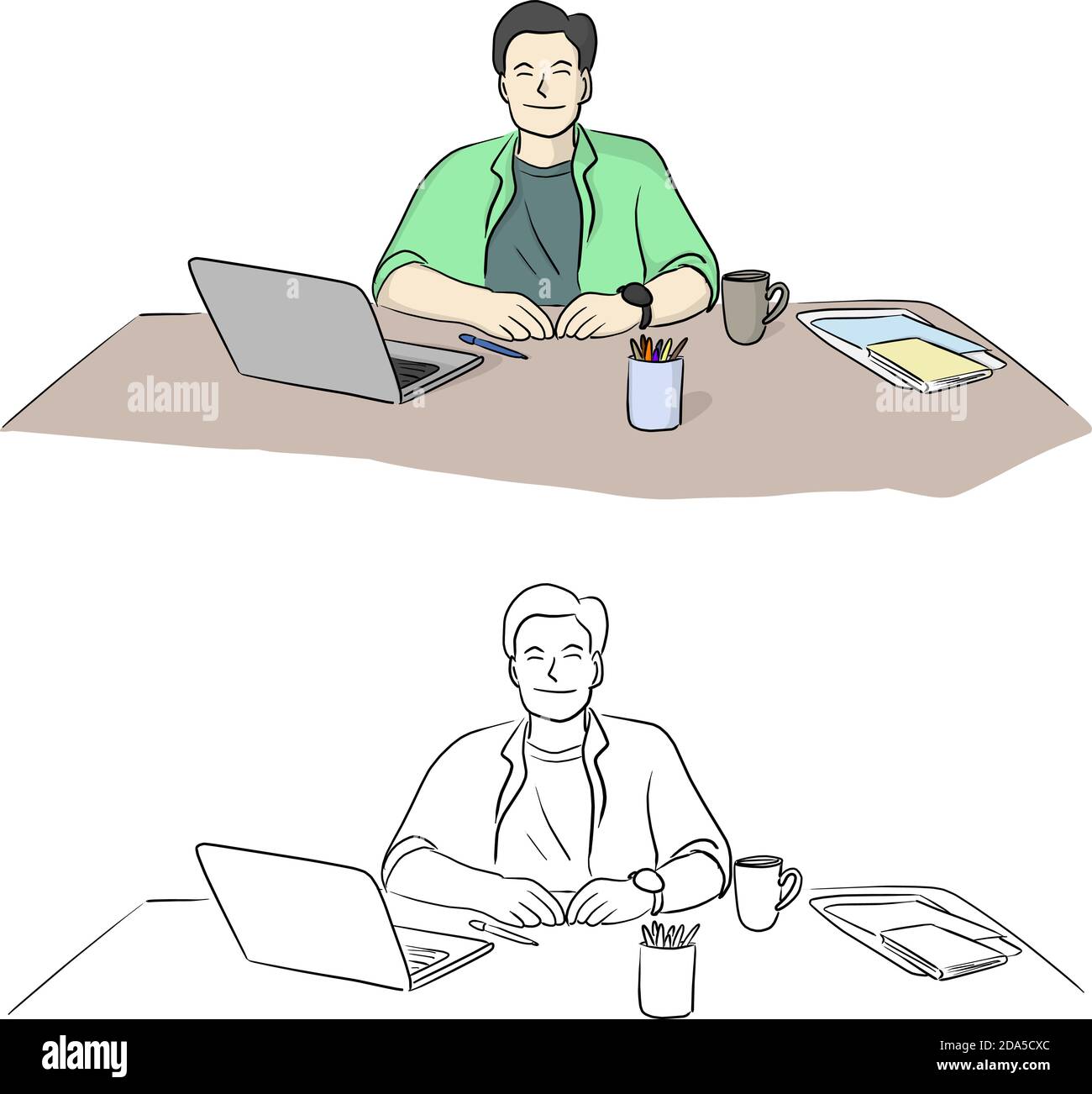 Mann arbeitet auf Laptop-Computer zu Hause Vektor Illustration Skizze doodle handgezeichnet mit schwarzen Linien isoliert auf weißem Hintergrund Stock Vektor