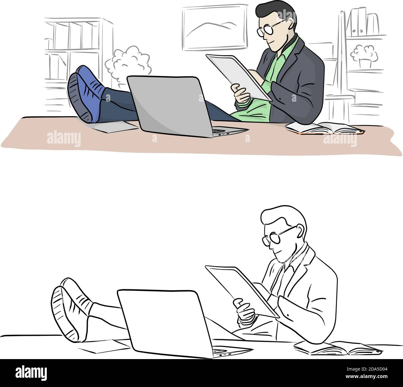 Geschäftsmann mit Tablet-PC und Laptop-Computer mit Bein auf Tabelle Vektor Illustration Skizze Doodle Hand gezeichnet mit schwarzen Linien Isoliert auf weißem Rücken Stock Vektor