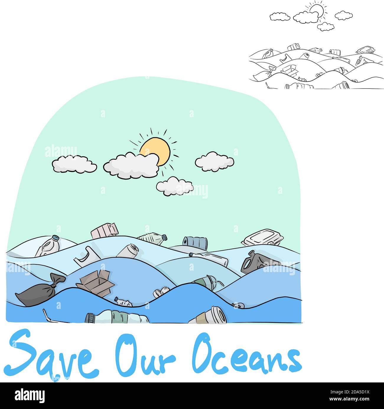 Wasserverschmutzung im Meer mit dem Wort Save Our Ocean Vektor Illustration Skizze Doodle Hand gezeichnet mit schwarzen Linien Isoliert auf weißem Hintergrund Stock Vektor