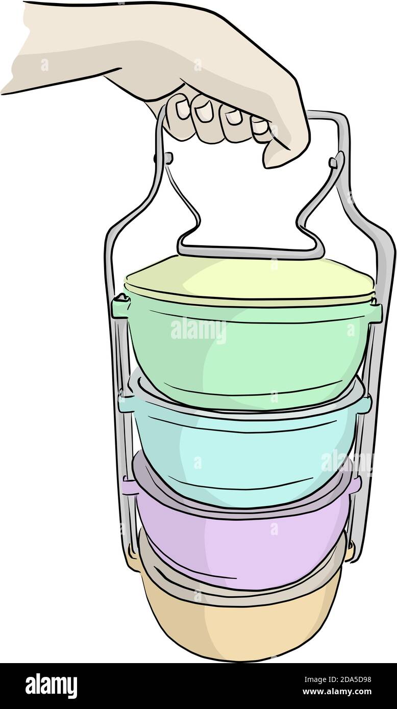 Hand hält bunte Tiffin Träger Vektor Illustration Skizze Doodle Hand Isoliert auf weißem Hintergrund gezeichnet Stock Vektor