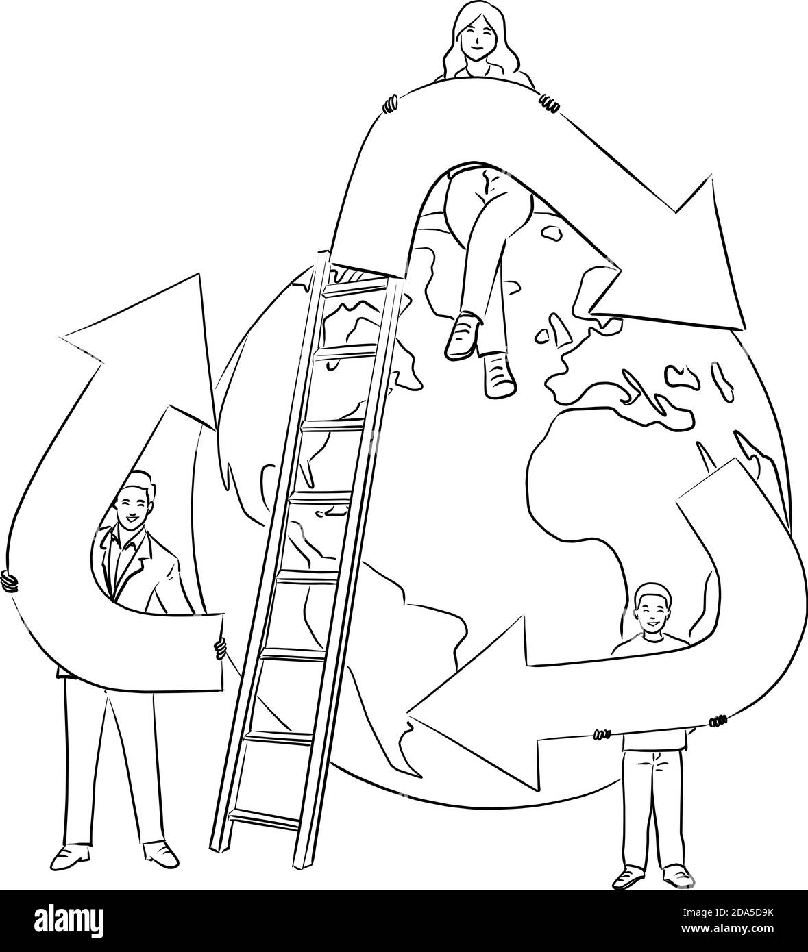 Drei Menschen halten große Zeichen des Recyclings mit Erde Vektor Illustration Skizze Doodle Hand gezeichnet mit schwarzen Linien isoliert auf Weißer Hintergrund Stock Vektor