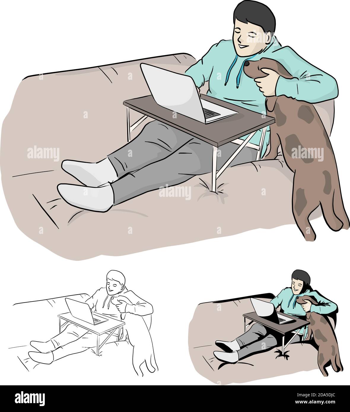 Mann, der am Computer zu Hause mit Hund Vektor-Illustration Skizze Doodle Hand gezeichnet mit schwarzen Linien isoliert auf weiß Hintergrund Stock Vektor