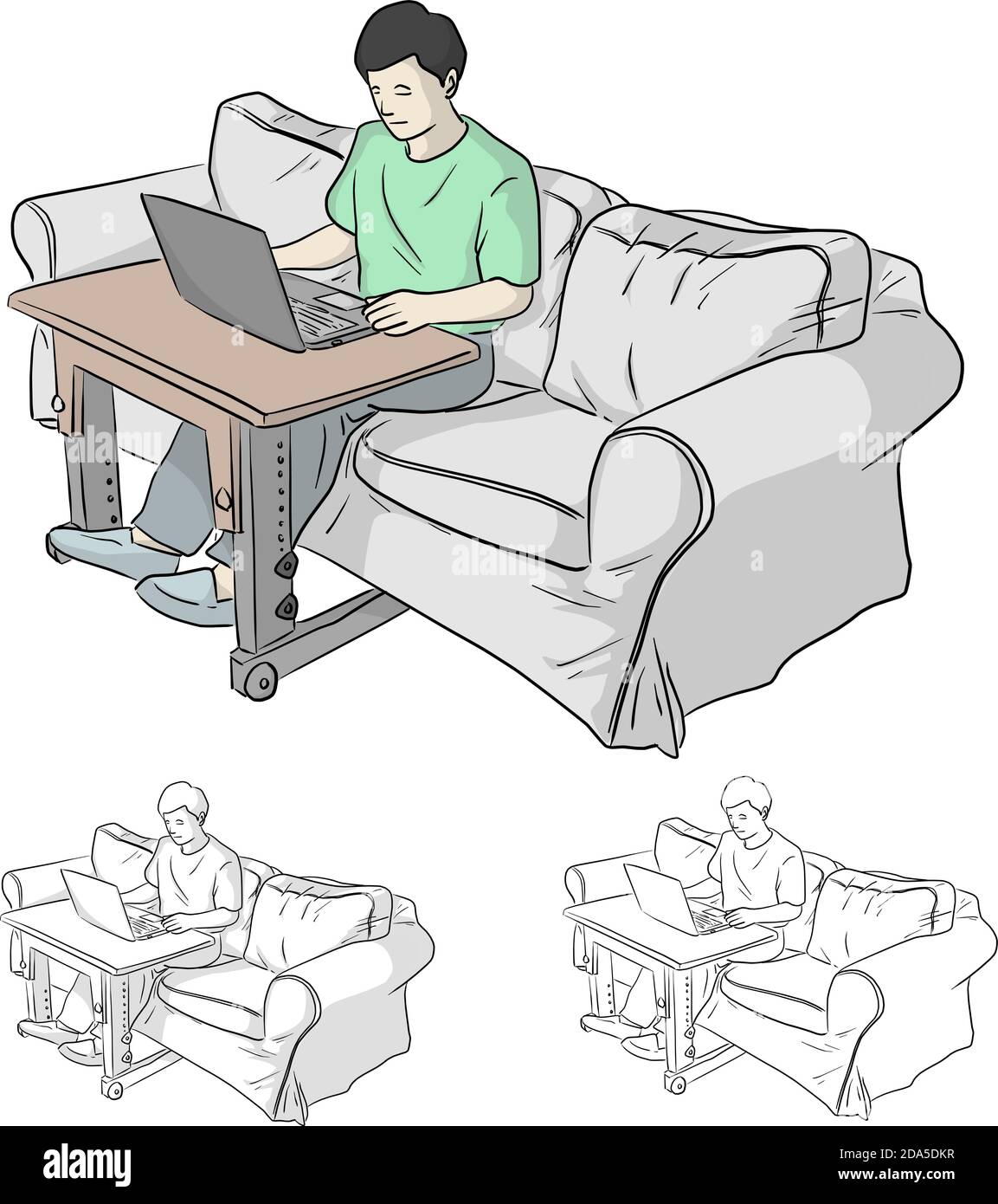 Mann, der auf einem Laptop auf einem grauen Sofa arbeitet oder lernt Das Wohnzimmer in Quarantäne für Coronavirus oder Covid-19 Vektor Abbildung Skizze Doodle Hand dra Stock Vektor