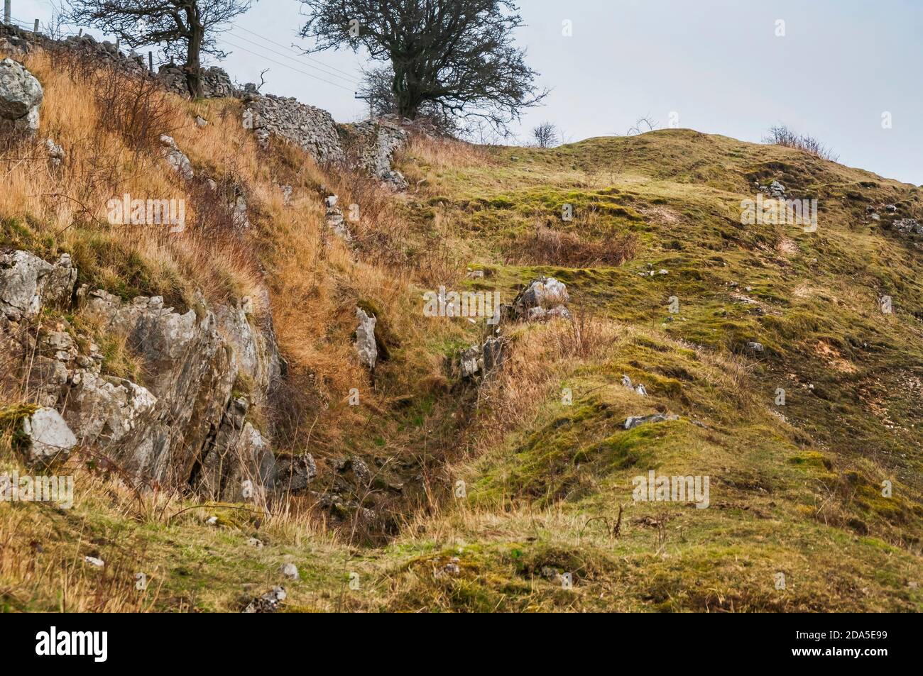 Opencut aus dem alten Bleibergbau auf Putwell Hill oberhalb von Monsal Dale in Derbyshire. Stockfoto