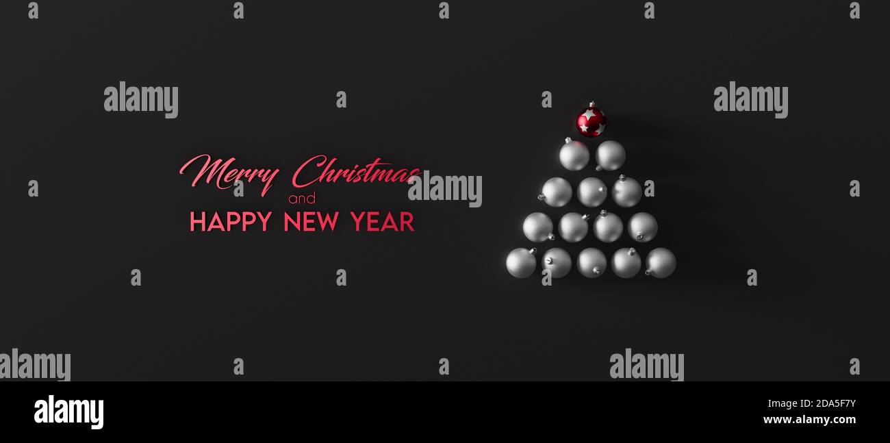 Weihnachtsbaum aus dekorativen Weihnachtskugeln. Grußkarte auf schwarzem Hintergrund 3d Rendering 3d Illustration Stockfoto Weihnachtsbaum aus dekorativen Weihnachtskugeln. Grußkarte auf schwarzem Hintergrund 3d Rendering 3d Illustration Stockfoto