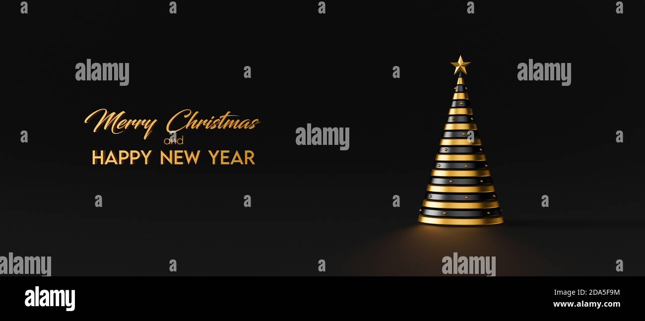 Moderner schwarz-goldener Weihnachtsbaum mit Kopierraum 3d Rendering 3d-Illustration Stockfoto