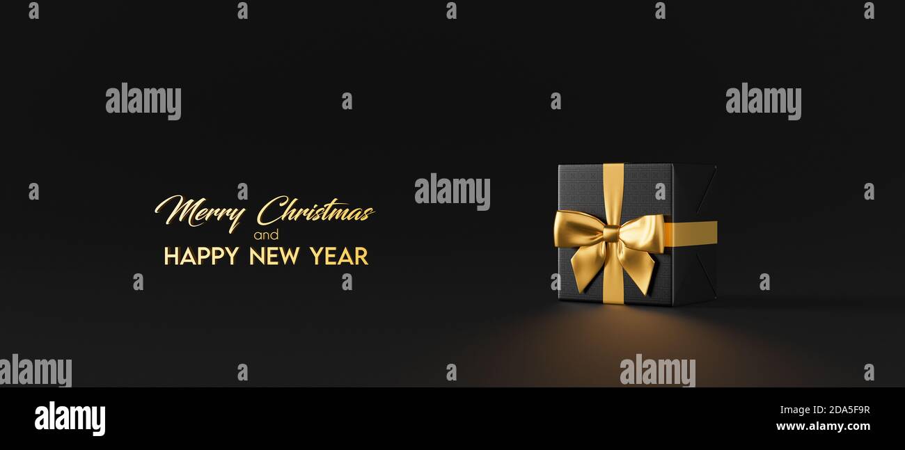 Schwarzes Weihnachtsgeschenk mit goldenem Band. Grußkarte auf schwarzem Hintergrund 3d Rendering 3d Illustration Stockfoto