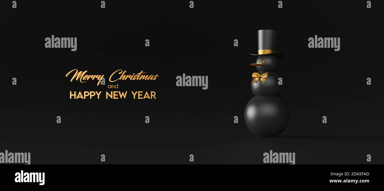 Modernes schwarz goldenes Schneemann Konzept. Grußkarte auf schwarzem Hintergrund 3d Rendering 3d Illustration Stockfoto