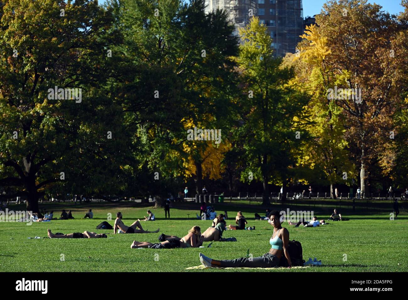 New York City, USA. November 2020. Die Bäume werden in ihre Herbstfarben verwandelt, und die New Yorker sonnen sich in der Sheep Meadow des Central Parks, während sie die ungewöhnlich warmen Rekordtemperaturen nutzen, die bis in die Mitte der 70er Jahre reichten, New York, NY, 9. November 2020. (Anthony Behar/Sipa USA) Quelle: SIPA USA/Alamy Live News Stockfoto